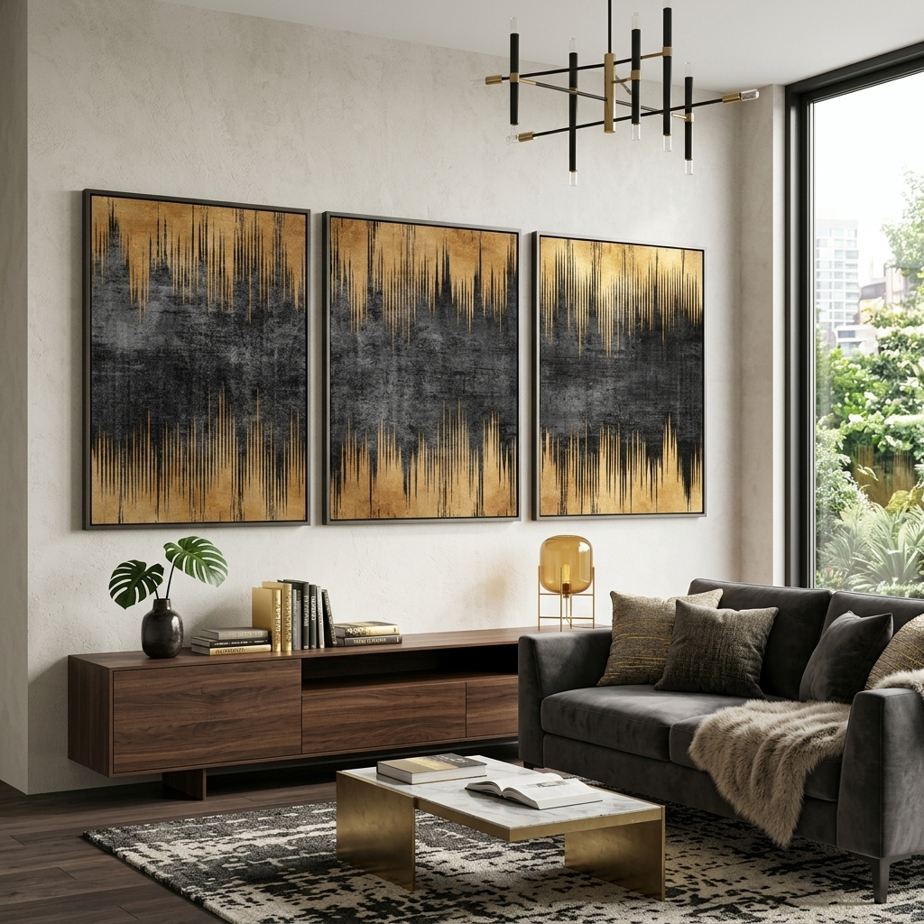 Modularer abstrakter Kunstdruck auf Leinwand, mehrteilig, Gold und Schwarz