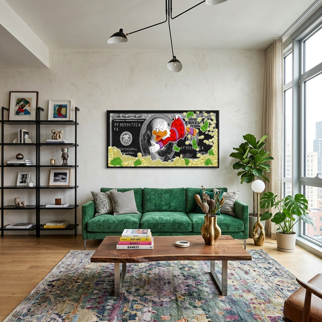 Scrooge's Meer aus Geld, Dollar, inspirierender Kunstdruck auf Leinwand