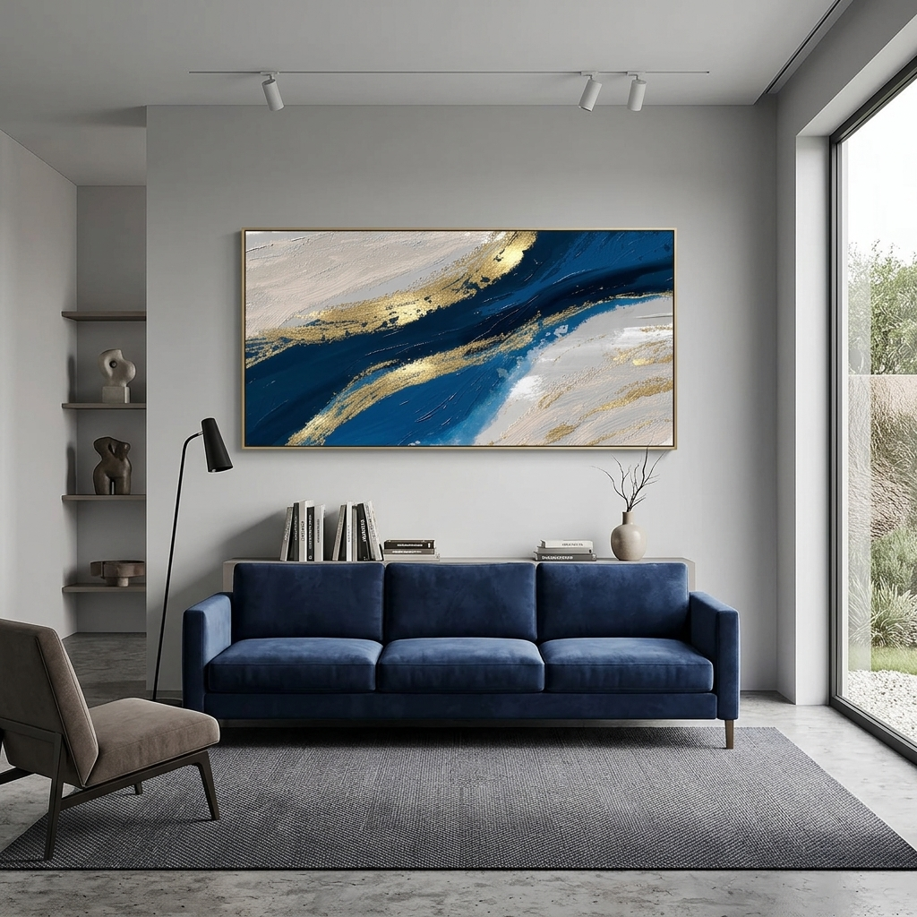 Grau-blauer und goldener Abstraktions-Kunstdruck auf Leinwand