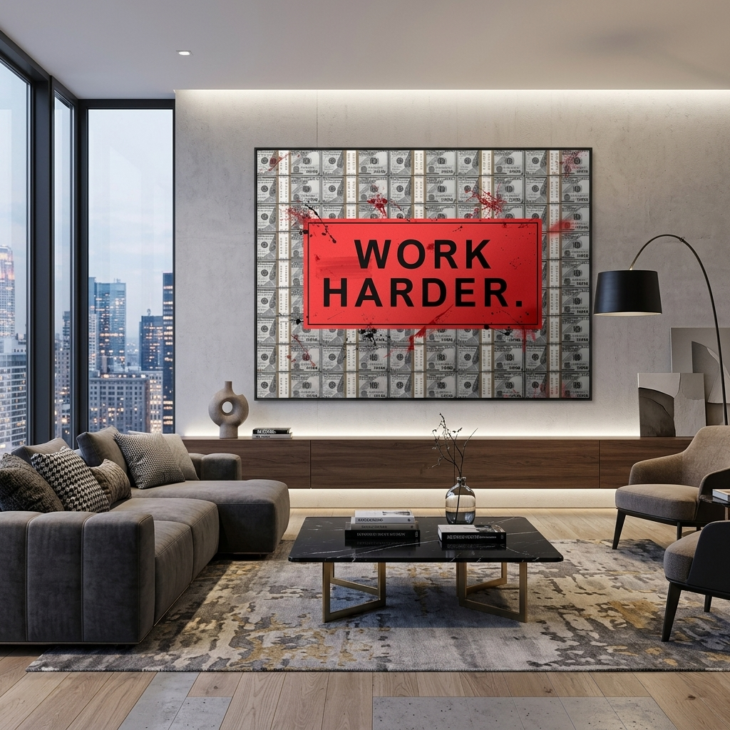 ARBEITEN SIE HÄRTER vor dem Hintergrund der Dollars. Motivierender Kunstdruck auf Leinwand