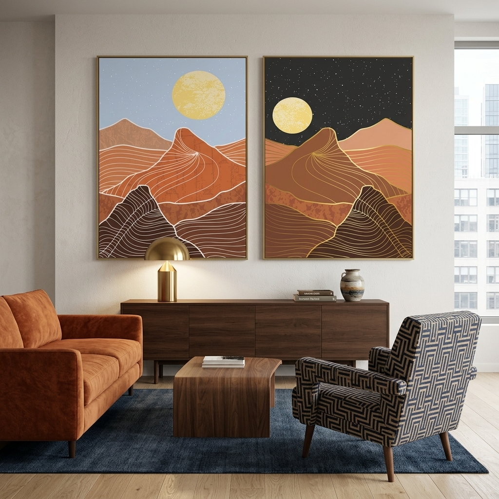 Modularer Kunstdruck auf Leinwand, mehrteilig, Berge bei Tag und bei Nacht