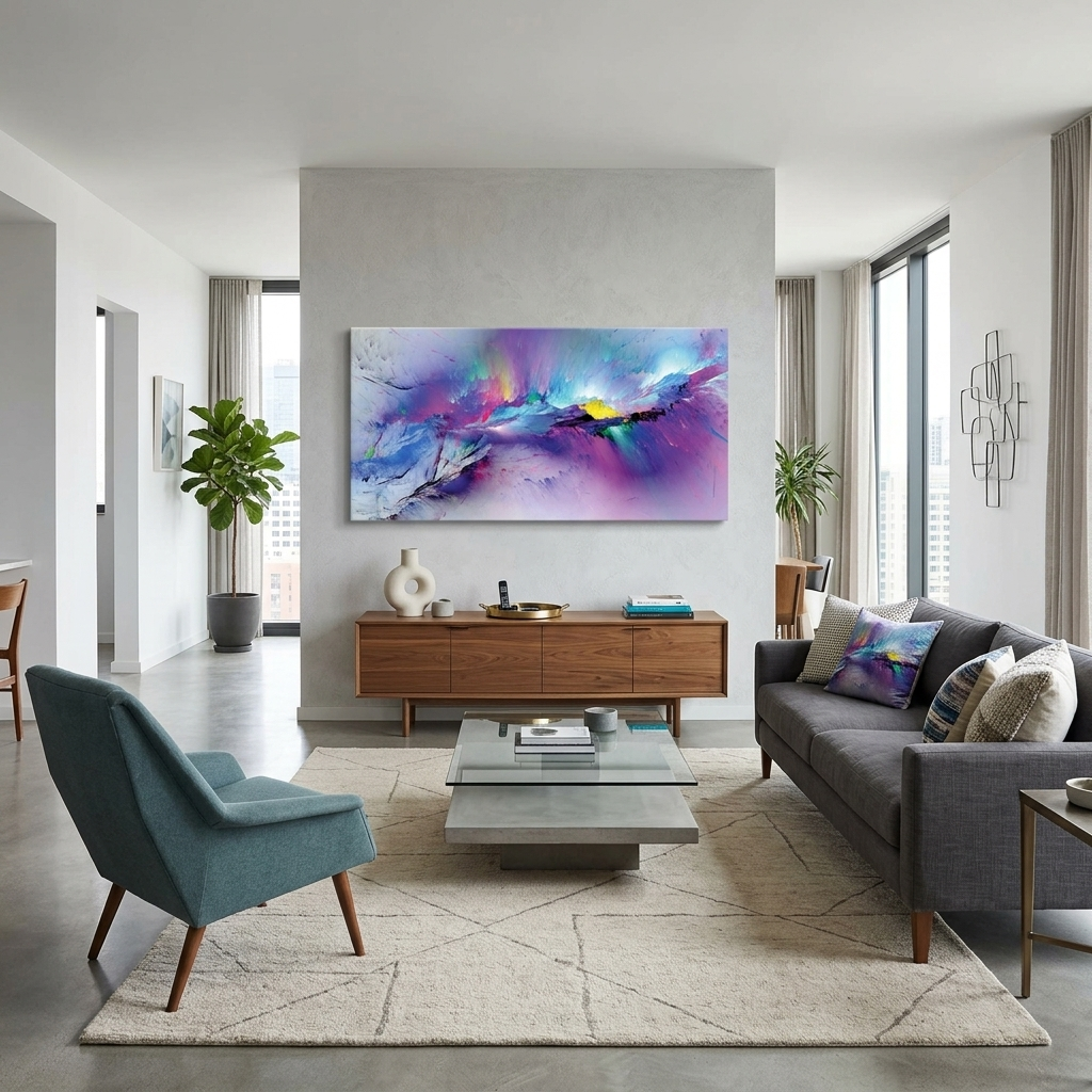Violett-blaue Abstraktion mit kleinen Details aus Gelb und Rosa Abstraktion auf Leinwand, Kunstdruck