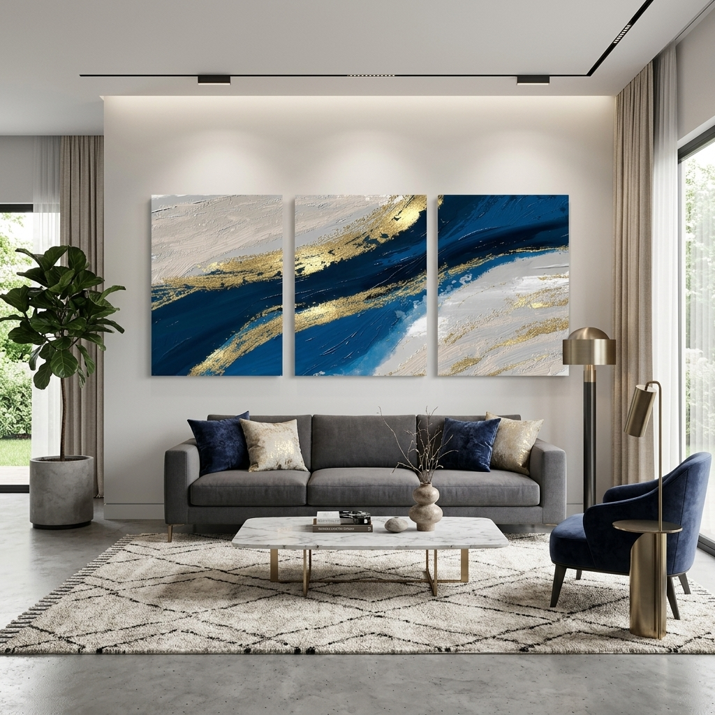 Modularer blau-grauer abstrakter Kunstdruck mit goldenen Elementen, mehrere Teile auf Leinwand