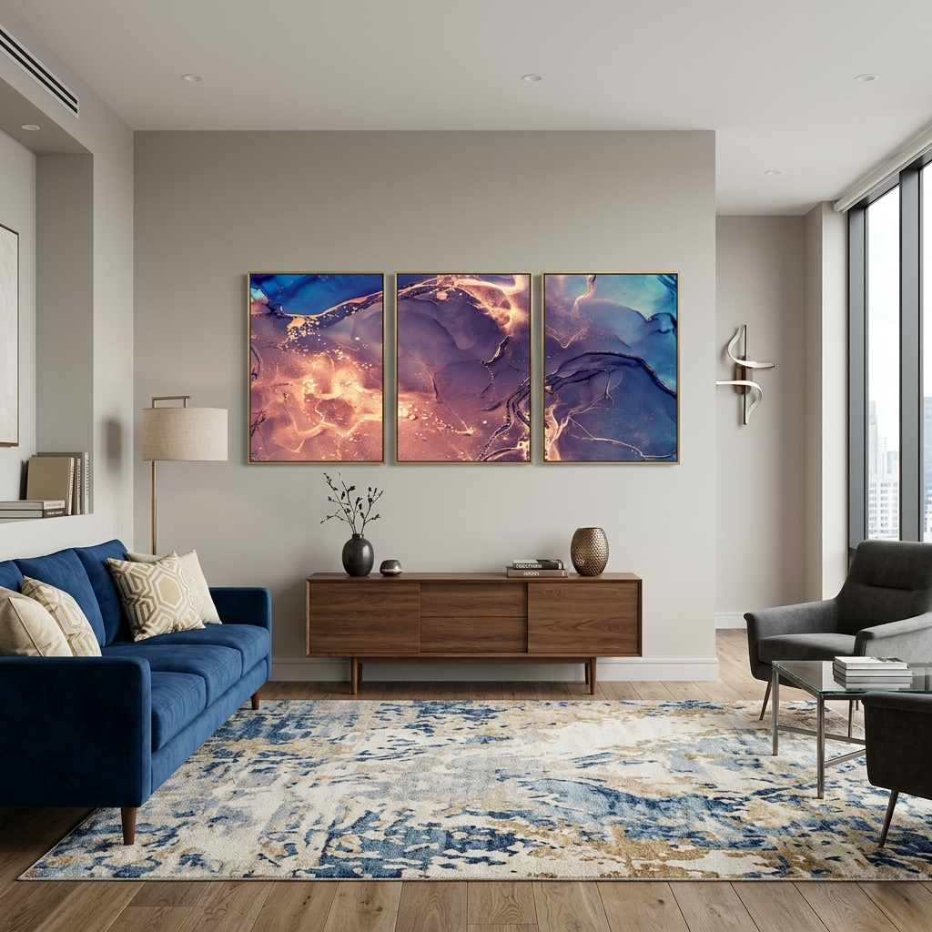 Modularer, abstrakter, puderblauer Kunstdruck auf Leinwand, mehrere Teile