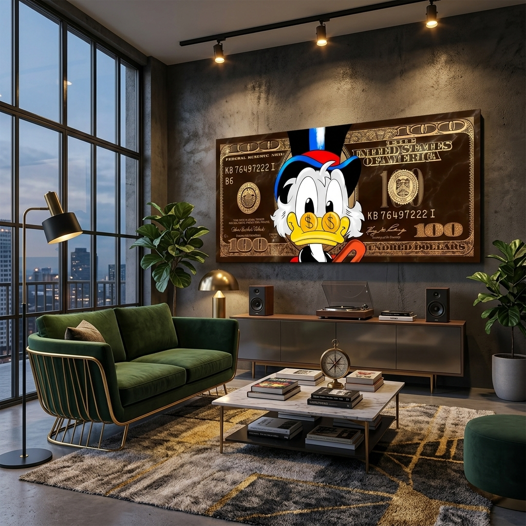 Scrooge 100 Dollar Gold und Braun Inspirierender Leinwand-Kunstdruck