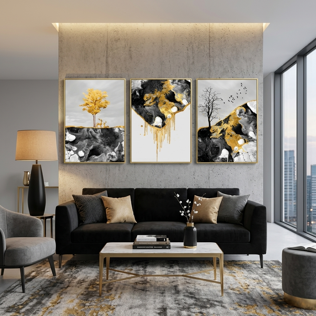 Modulares abstraktes Bild in dunklen Farbtönen mit goldener Farbe, mehrteiliger Kunstdruck auf Leinwand
