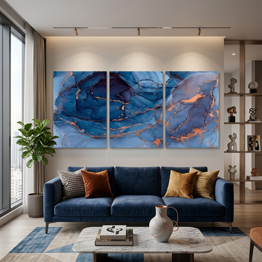 Modularer, abstrakter Kunstdruck auf Leinwand, mehrere Teile, Marineblau
