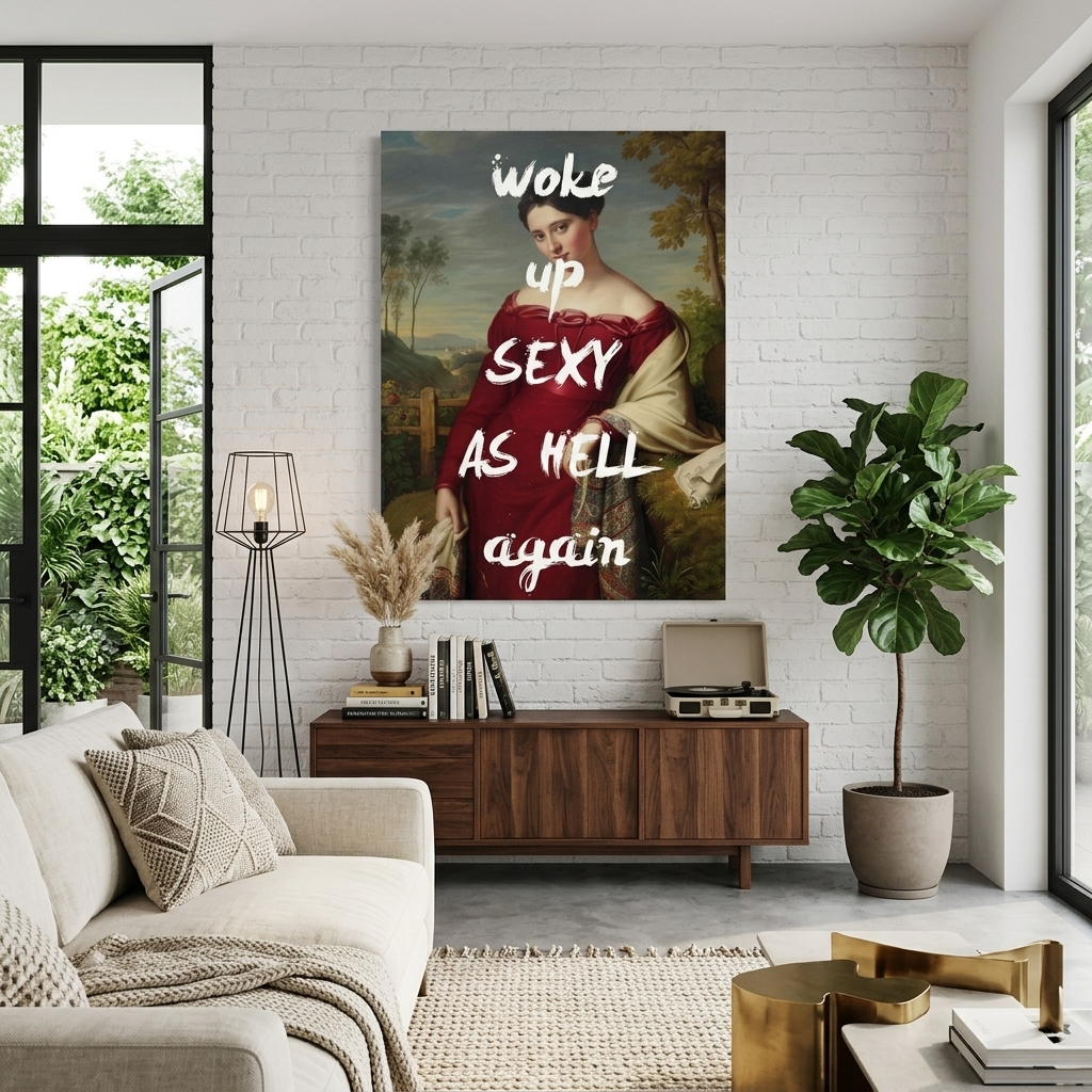 Kunstdruck auf Leinwand, aufgewacht, sexy wie die Hölle, wieder da