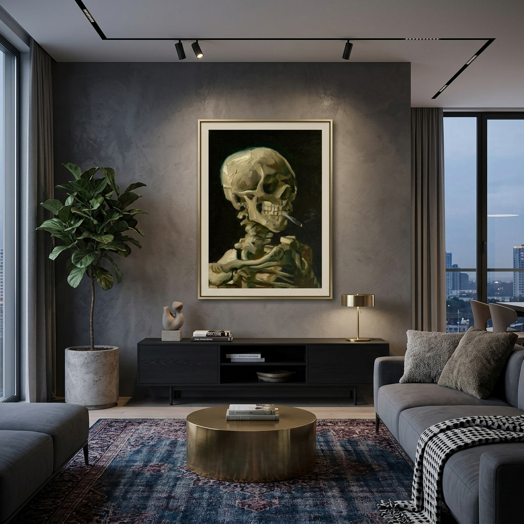 Reproduktion „Totenkopf mit brennender Zigarette“ von Vincent Van Gogh, Reproduktion auf Leinwand, Kunstdruck