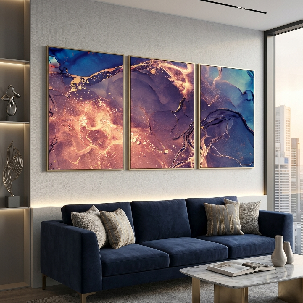 Modularer, abstrakter, puderblauer Kunstdruck auf Leinwand, mehrere Teile