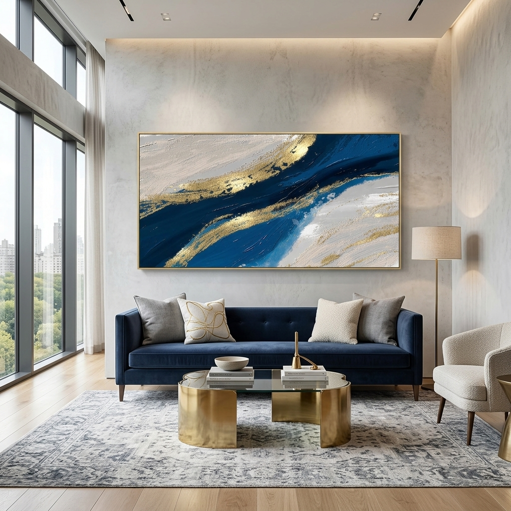 Grau-blauer und goldener Abstraktions-Kunstdruck auf Leinwand