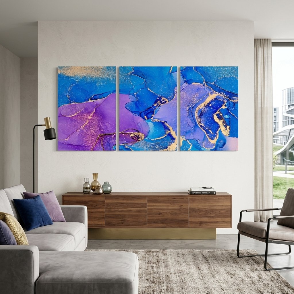 Modularer abstrakter Kunstdruck auf Leinwand, mehrere Teile, in Lila- und Blautönen