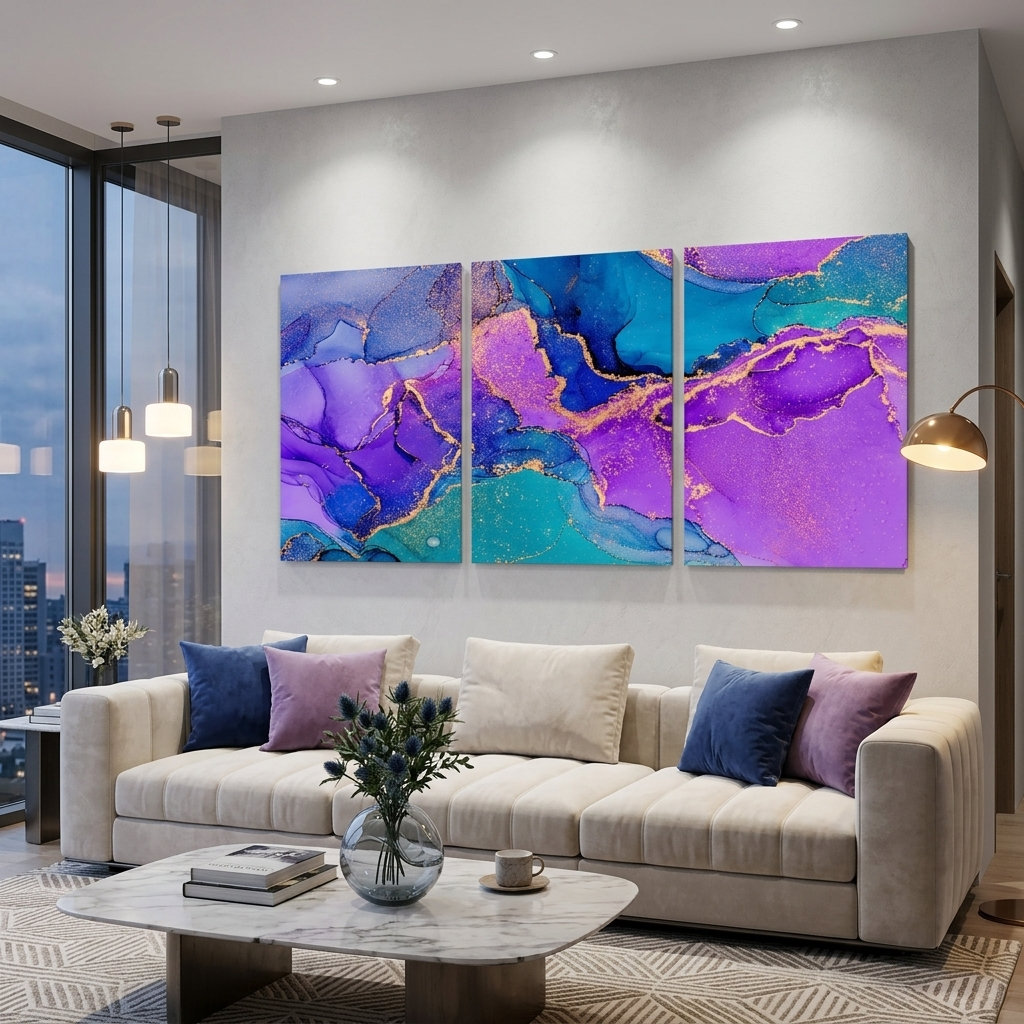 Modularer, abstrakter Kunstdruck auf Leinwand, mehrere Teile, Lavendelblau