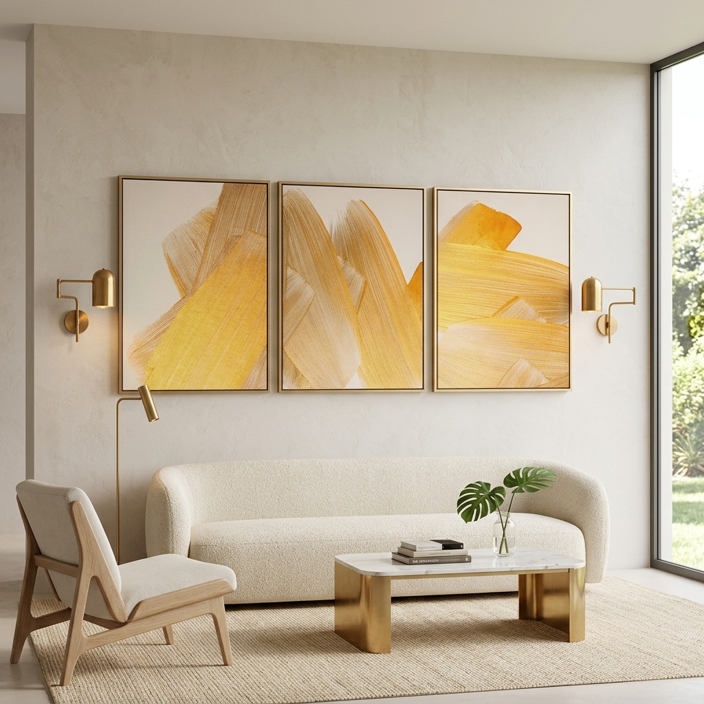 Modularer Kunstdruck auf Leinwand, Motiv: goldene Striche auf beigem Hintergrund, mehrere Teile