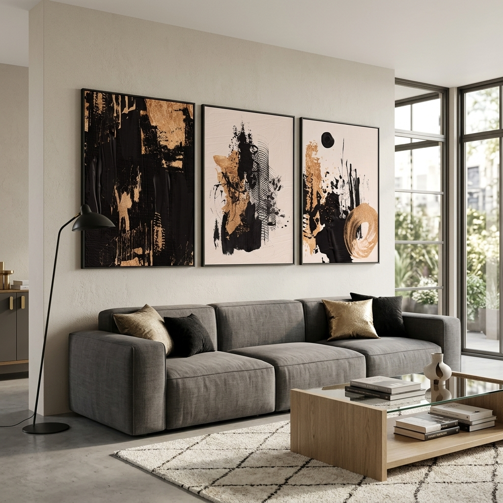 Modularer abstrakter Kunstdruck auf Leinwand, mehrteilig, Schwarz und Gold