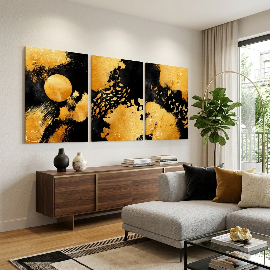 Modularer abstrakter Kunstdruck auf mehrteiliger Leinwand in Schwarz- und Goldfarben