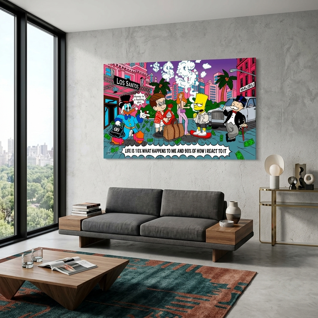 Scrooge, Bart Simson, Alec Monopoly und ihre Freunde Inspirierender Kunstdruck auf Leinwand