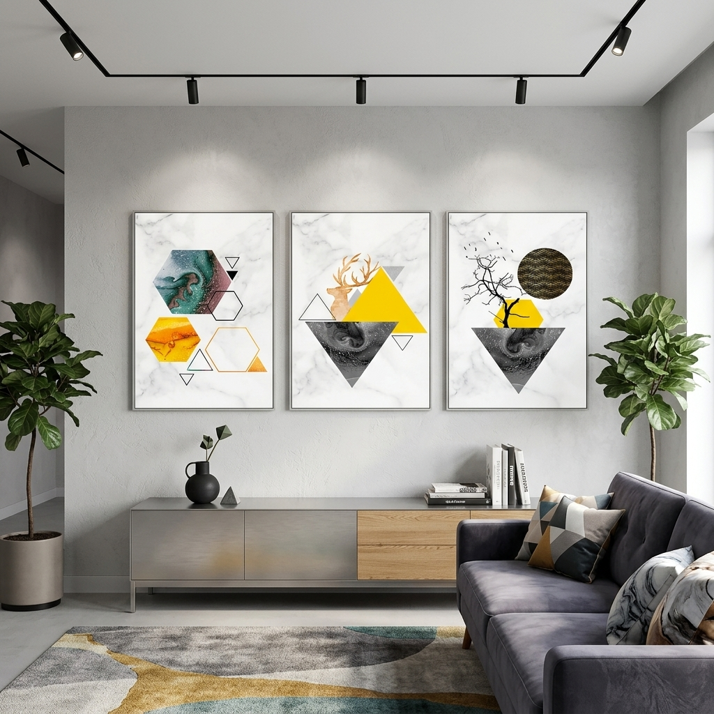 Modularer Kunstdruck auf Leinwand, geometrische Abstraktion, mehrere Teile, Gelb und Grau