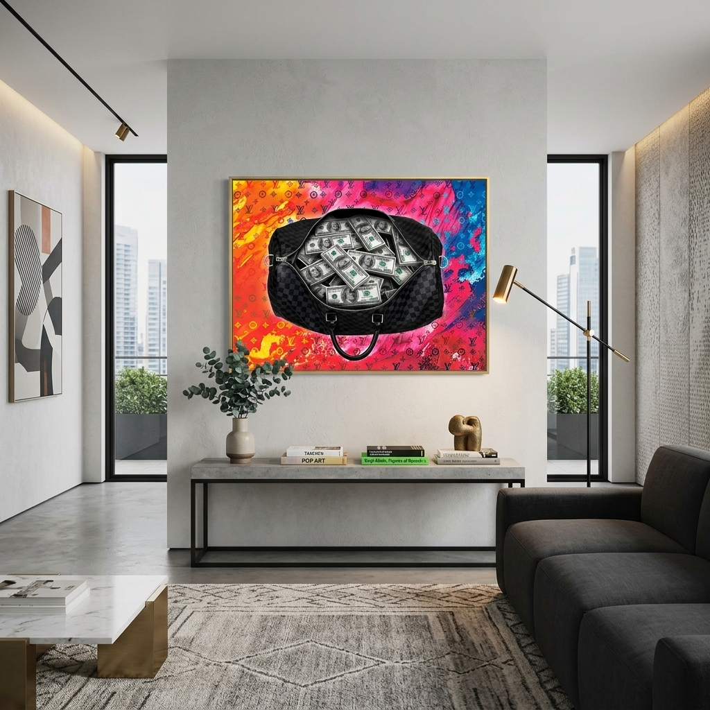 Schwarze Tasche mit 100-Dollar-Scheinen auf hellem Hintergrund. Inspirierender Kunstdruck auf Leinwand.