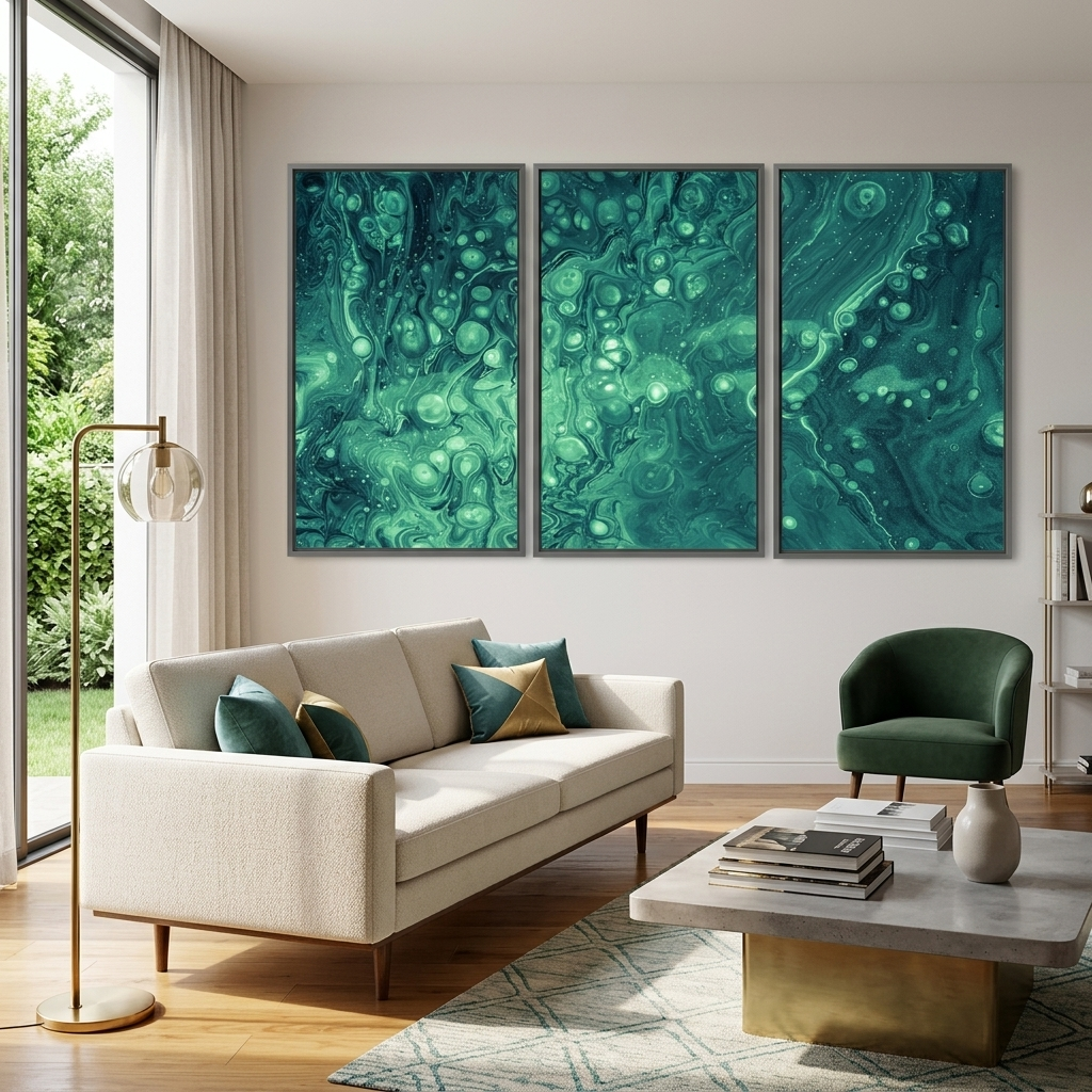 Mehrteiliger Kunstdruck auf Leinwand „Bubbles“ in türkisfarbener Acrylfarbe