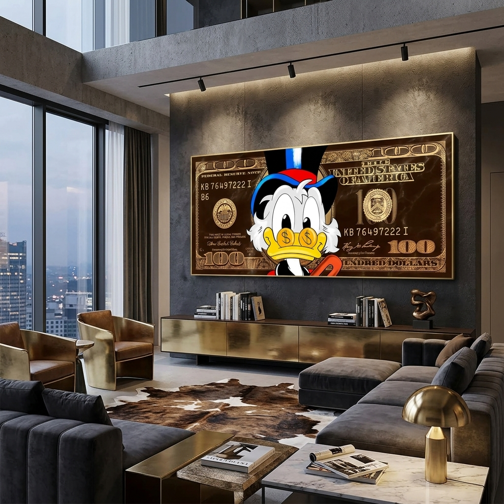 Scrooge 100 Dollar Gold und Braun Inspirierender Leinwand-Kunstdruck
