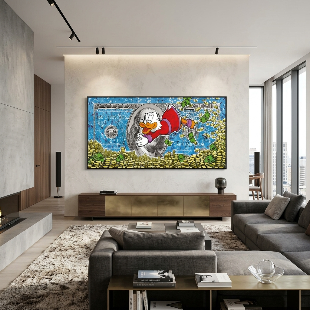 Dagobert taucht in die Münzen ein. Inspirierender Kunstdruck auf Leinwand.