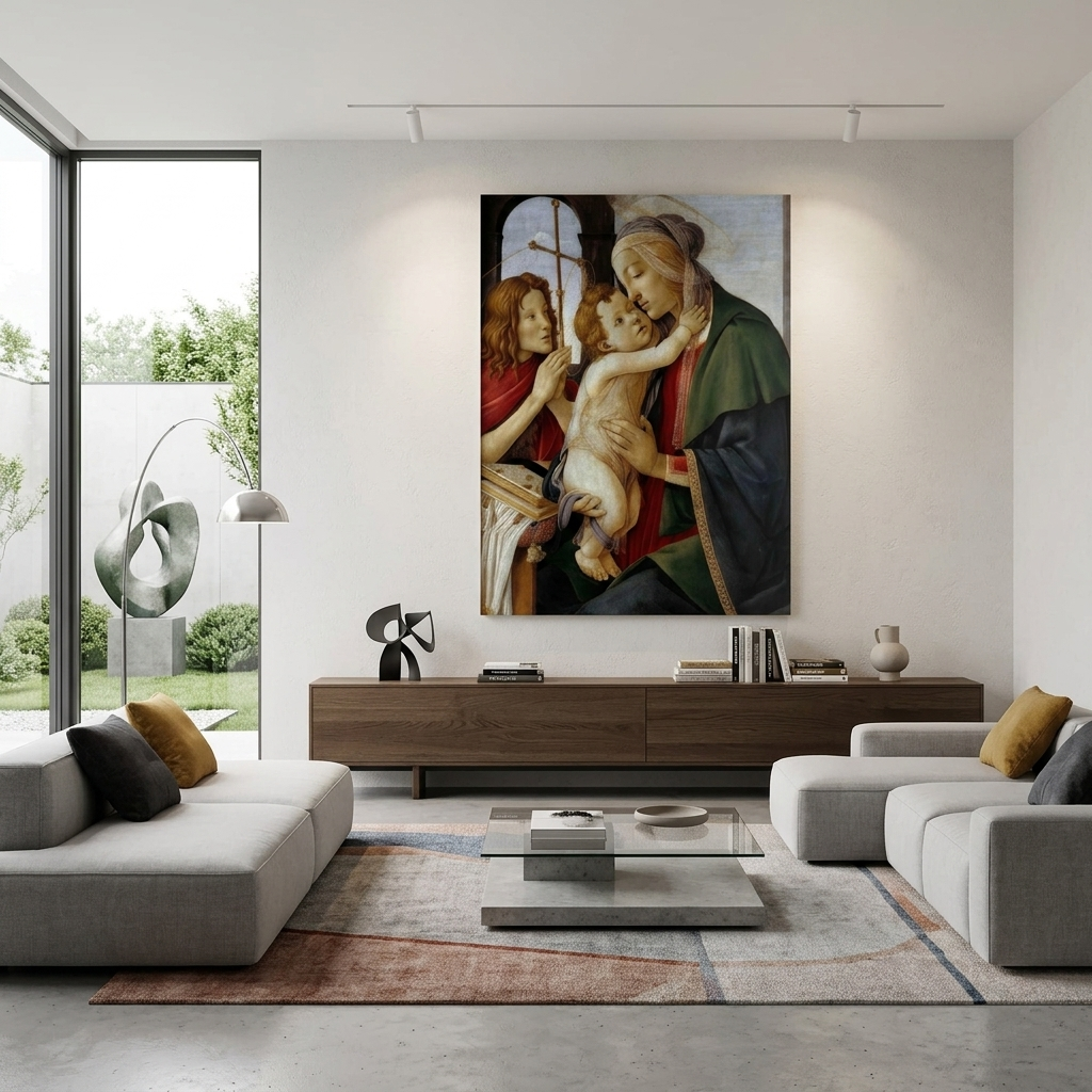 Reproduktion „Madonna mit Kind und dem jungen Johannes dem Täufer“ von Sandro Botticelli, Reproduktion auf Leinwand, Kunstdruck