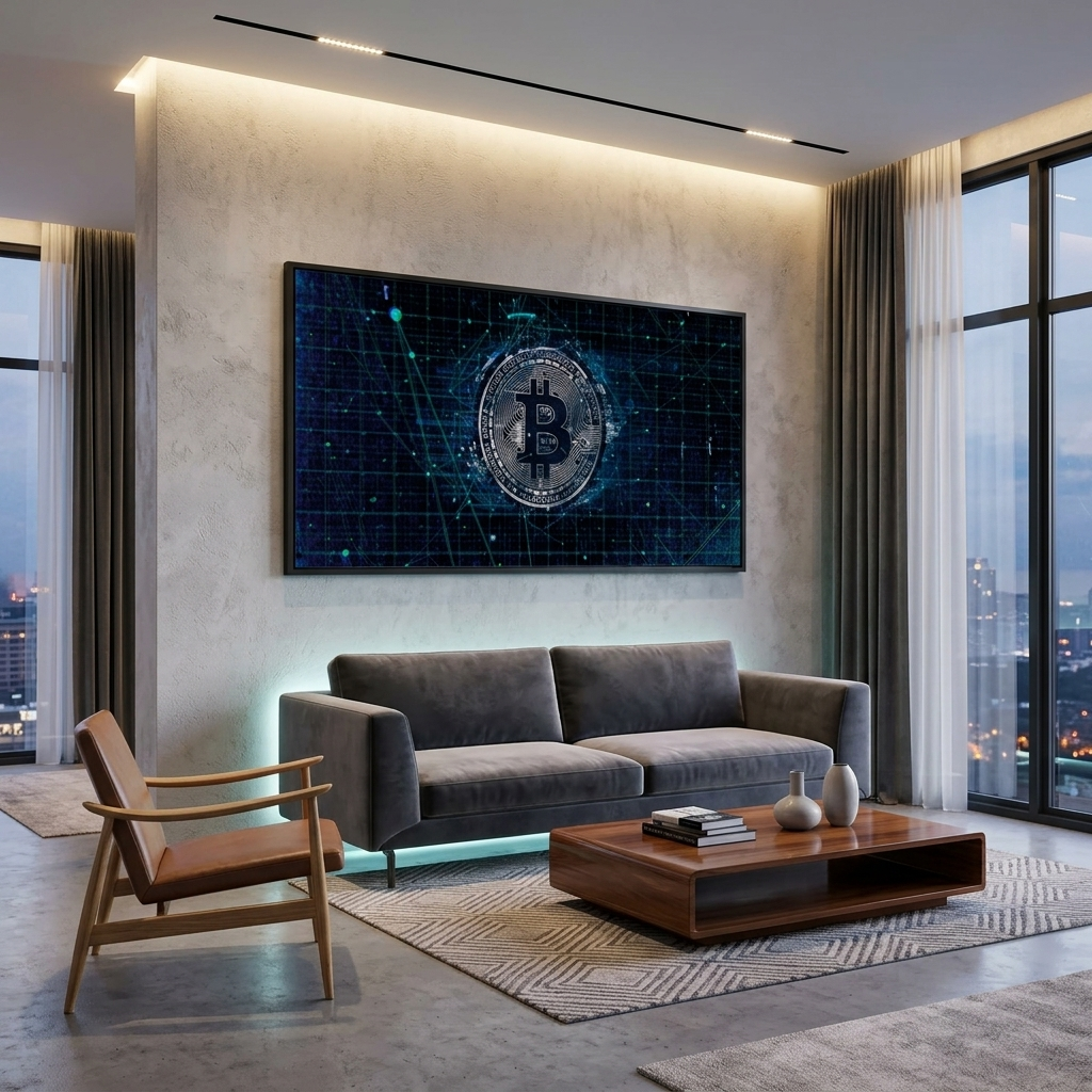 Bitcoin in Silberfarbe auf dunkelblauem Hintergrund Inspirierender Leinwand-Kunstdruck
