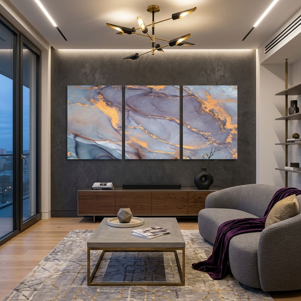 Modularer, grau-goldener abstrakter Kunstdruck mit goldenen Elementen, mehrere Teile auf Leinwand