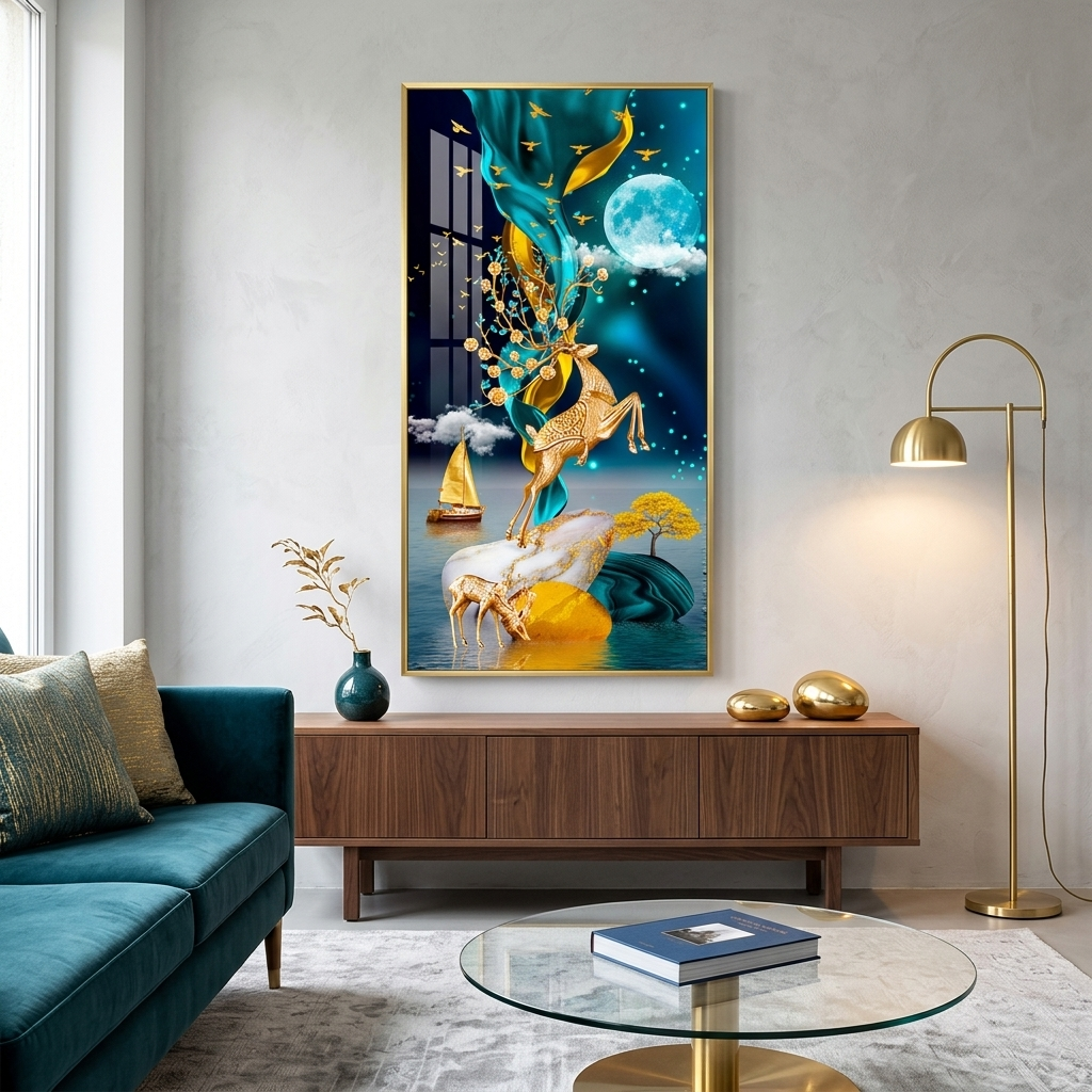 Zwei Hirsche, ein goldenes Boot auf dem Meer und ein blauer Mond, abstrakter Kunstdruck auf Leinwand