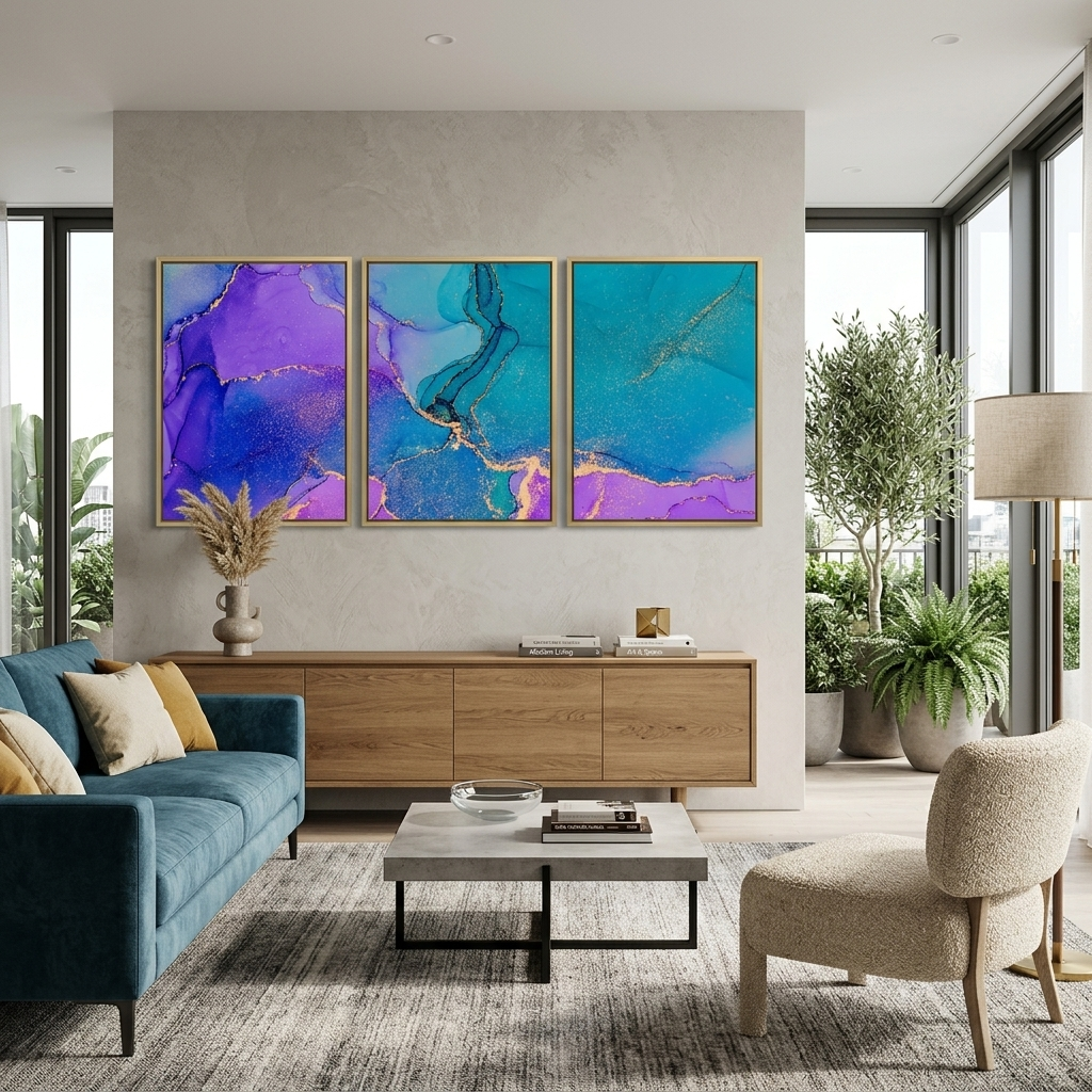Modularer abstrakter Kunstdruck auf Leinwand, mehrteilig, Türkis und Lavendel