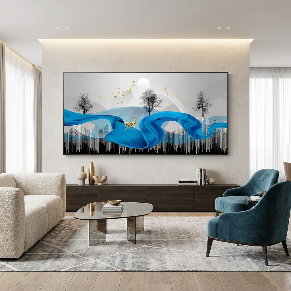 Zwei goldene Hirsche auf einer blauen Feder. Abstrakter Kunstdruck auf Leinwand