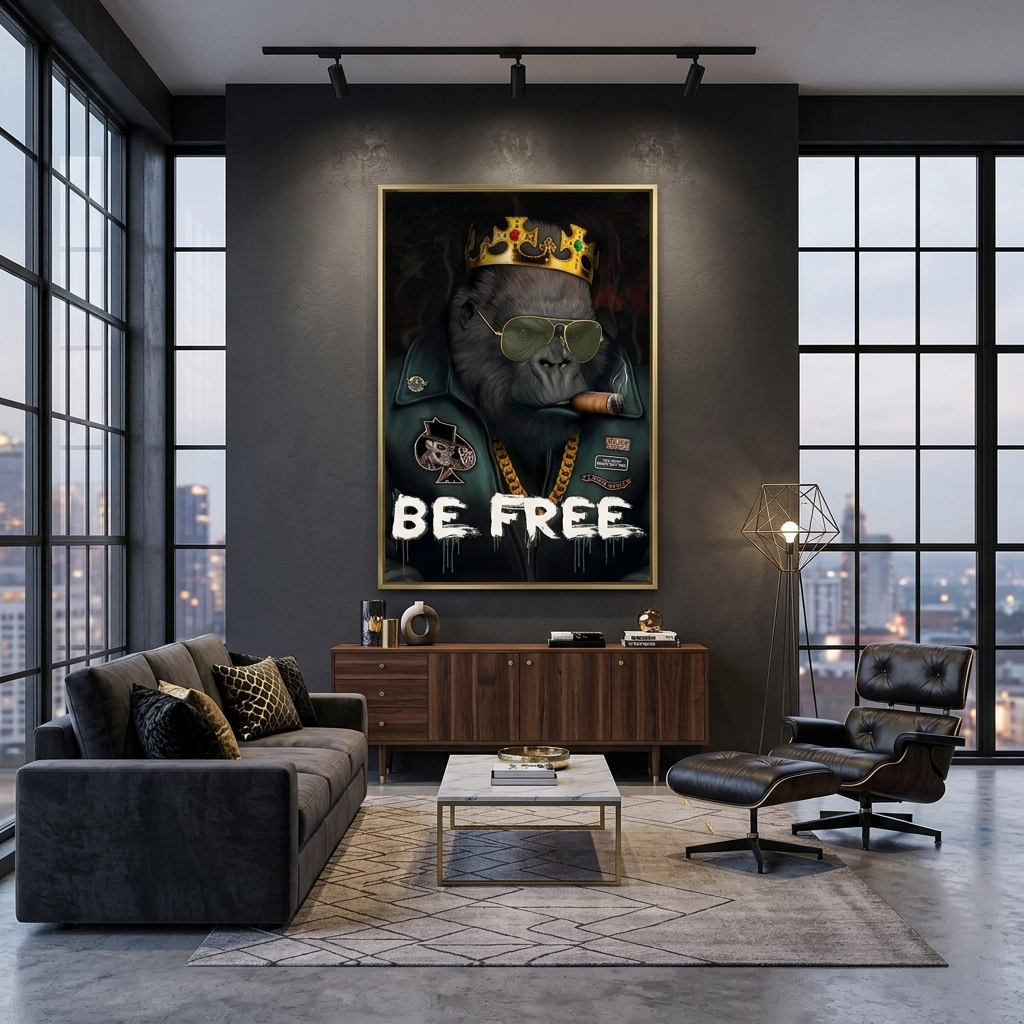 Schwarzer Affe in einer goldenen Krone Be free Motivierender Leinwand-Kunstdruck