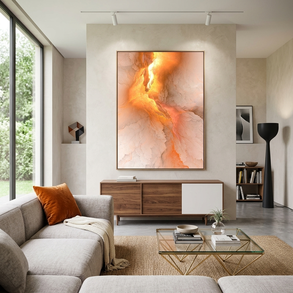 Weißes abstraktes Bild mit einem vertikalen hellgelben Schimmer Abstraktion auf Leinwand, Kunstdruck