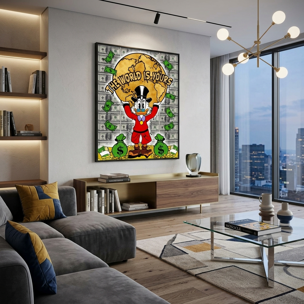 Dagobert hält den Planeten hoch und steht auf Goldmünzen mit der Aufschrift „DIE WELT GEHÖRT DIR.“ Inspirierender Kunstdruck auf Leinwand