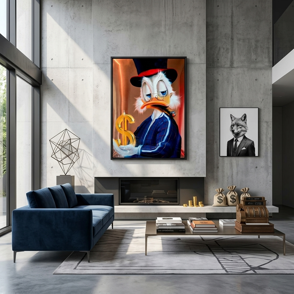 Scrooge im Trainingsanzug mit einem Dollar Inspirierender Kunstdruck auf Leinwand
