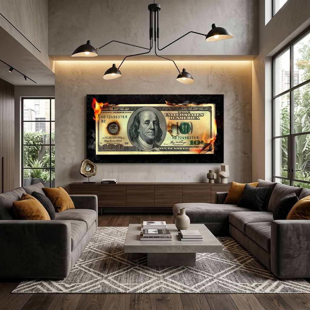 Brennendes Geld 100 Dollar inspirierender Kunstdruck auf Leinwand