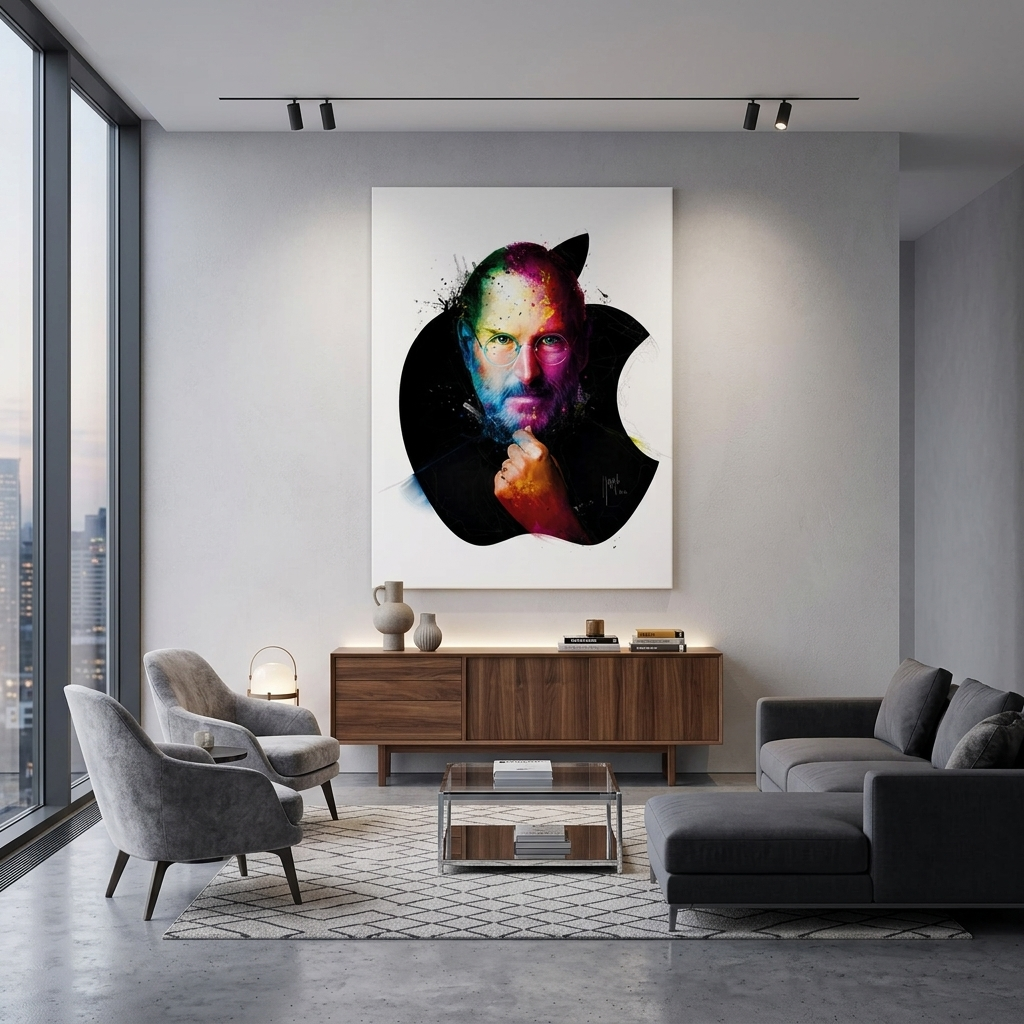 Kunstdruck auf Leinwand mit dem Apple-Logo von Steve Jobs auf weißem Hintergrund