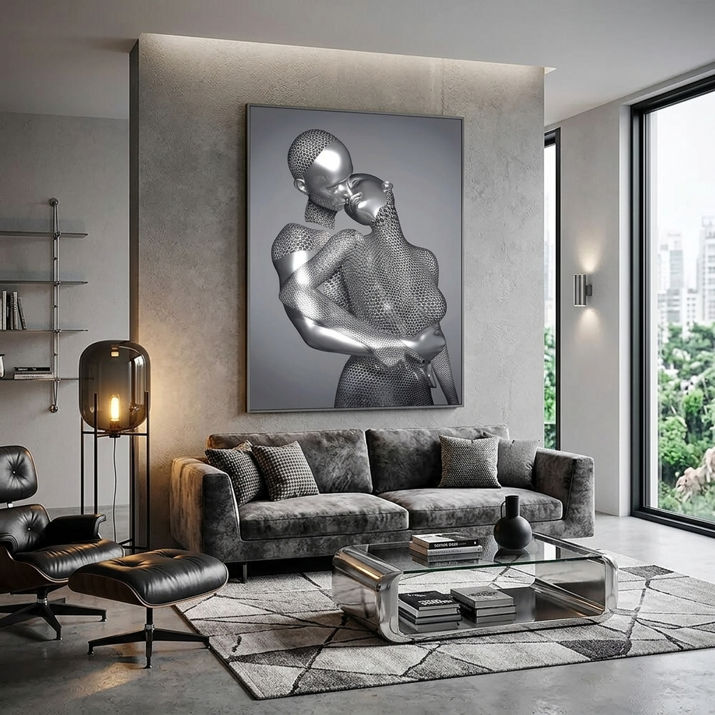 Silberne Statuen auf grauem Hintergrund Leinwand Wand Kunstdruck