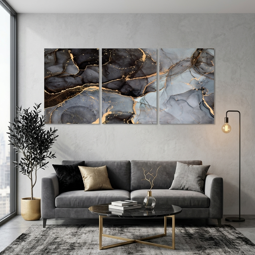 Modularer abstrakter Kunstdruck auf Leinwand, mehrere Teile, grau und schwarz