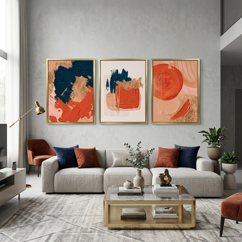 Modularer, abstrakter Kunstdruck auf Leinwand, mehrteilig, Orange und Blau mit goldenen Elementen