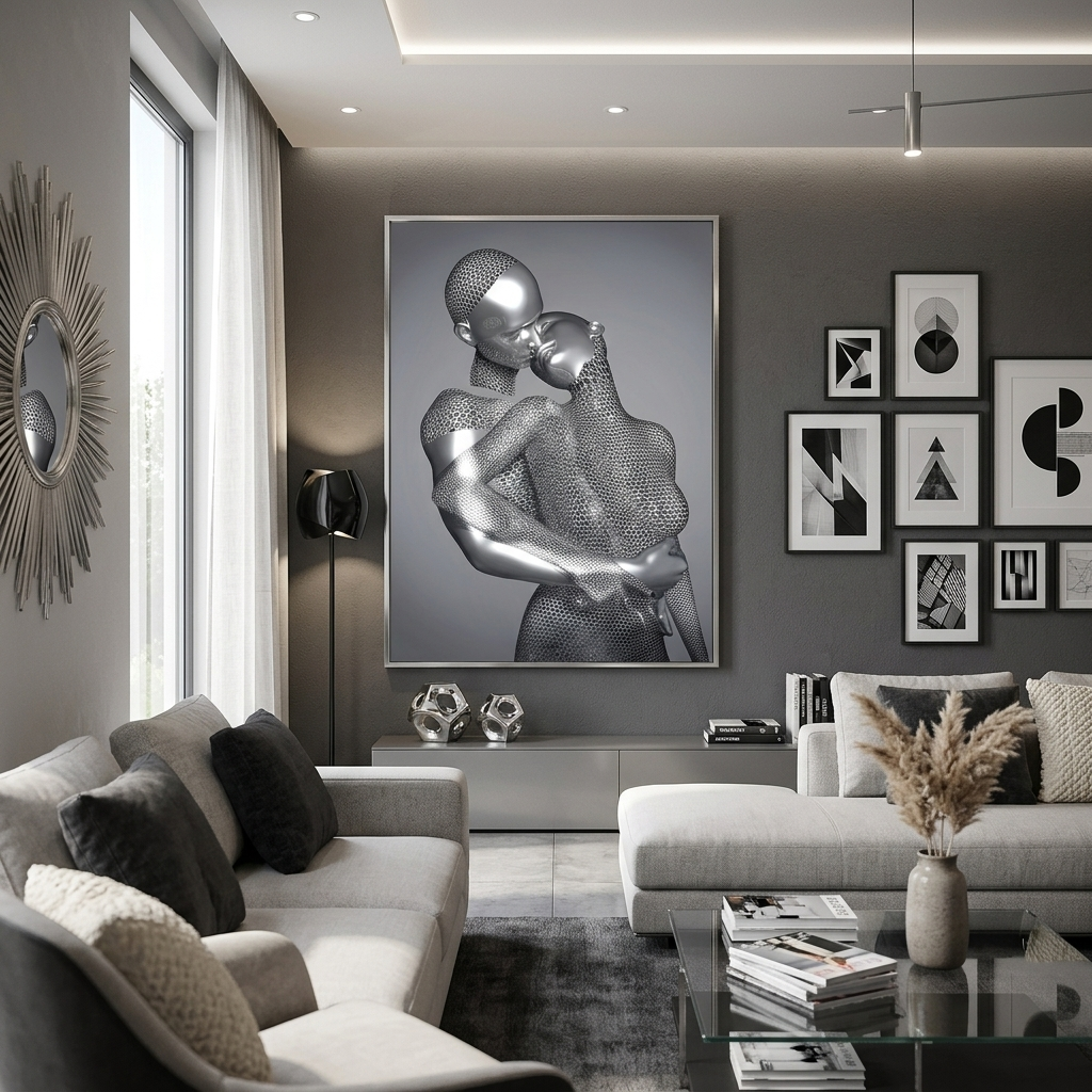Silberne Statuen auf grauem Hintergrund Leinwand Wand Kunstdruck