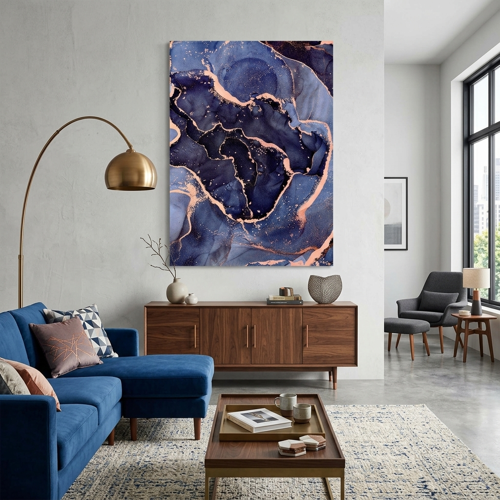 Marineblaues abstraktes Bild mit goldenen Elementen Abstraktion Leinwandbild Wandbild