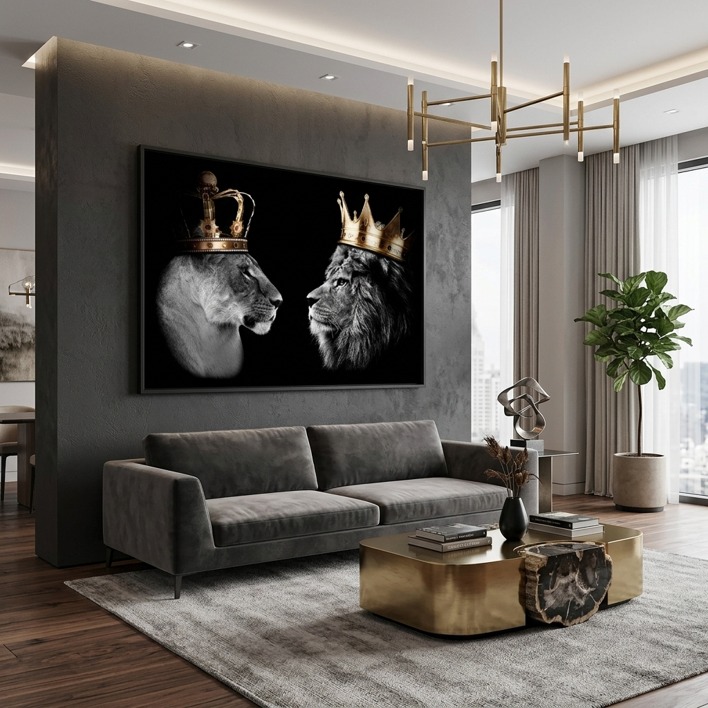König der Löwen und Königin der Löwen auf schwarzem Hintergrund. Motivierender Kunstdruck auf Leinwand.