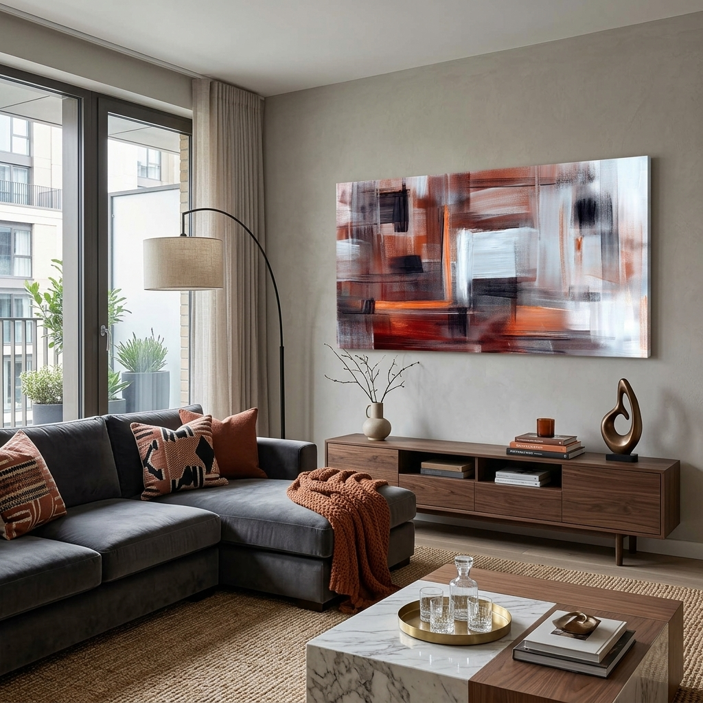 Kunstdruck auf Leinwand, Motiv: Abstraktion, Weiß, Orange, Braun und Schwarz