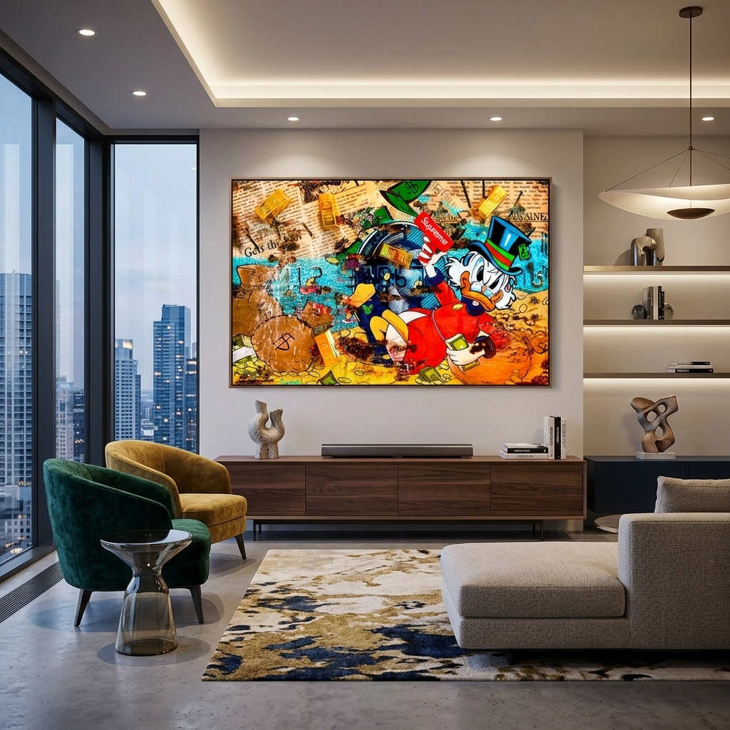 Dagobert Duck und seine SUPER-Waffe im Goldtresor, inspirierender Kunstdruck auf Leinwand