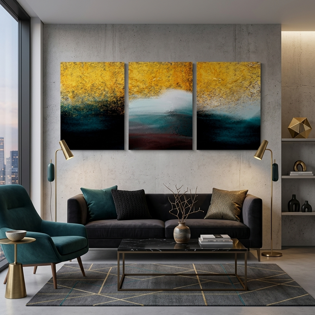 Modulares Wandbild aus drei Teilen in Gold, Weiß und dunklen Farben, mehrteilig, auf Leinwand