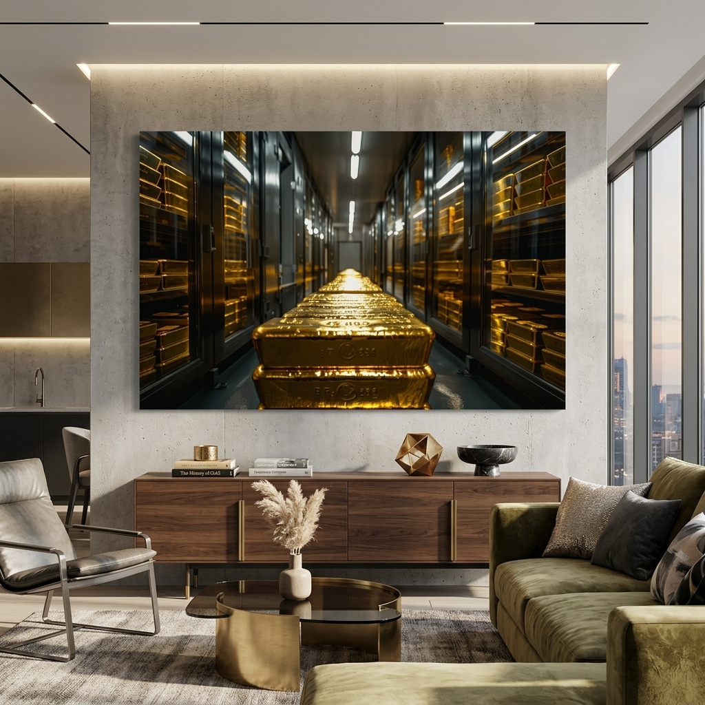 Goldbarren im Tresor Motivierender Kunstdruck auf Leinwand