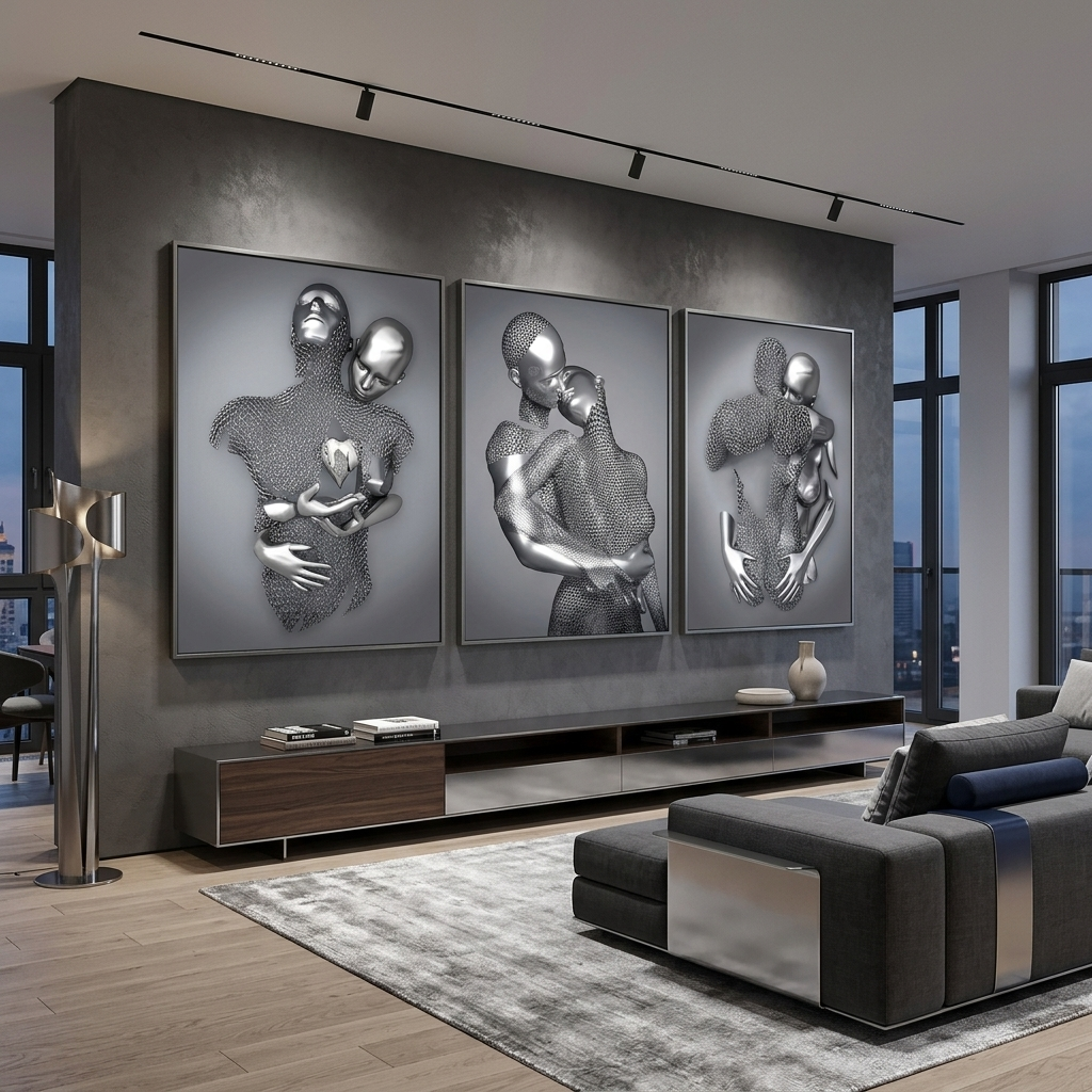 Modularer Kunstdruck auf Leinwand, Motiv: silberne Statuen, mehrere Teile, für das Schlafzimmer