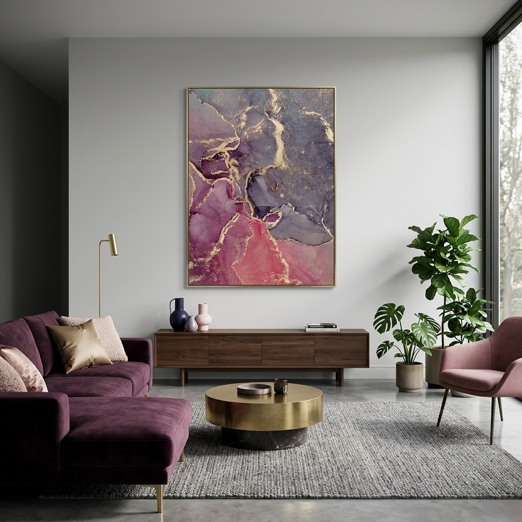 Pudergraue Farbtöne mit rot-burgunderfarbenen und goldenen Elementen Abstrakter Kunstdruck auf Leinwand